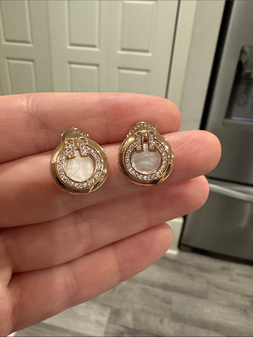 Natural Mother of Pearl T Motif Circle CZ Stud Earrings Champagne Gold